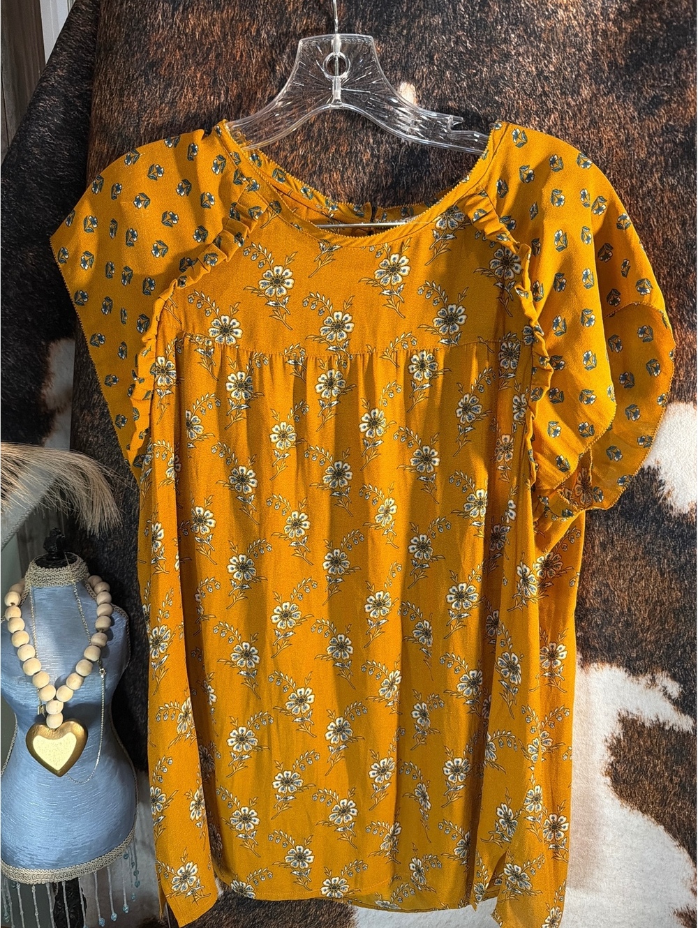 LOFT Mustard Yellow Floral Blouse Size Large